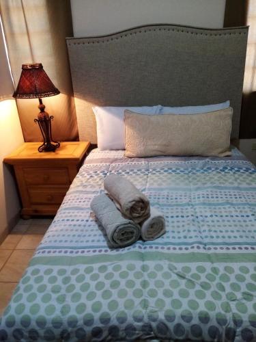 a bed with towels and a lamp on a table at Canela Apartment, Pet friendly in Puerto Peñasco