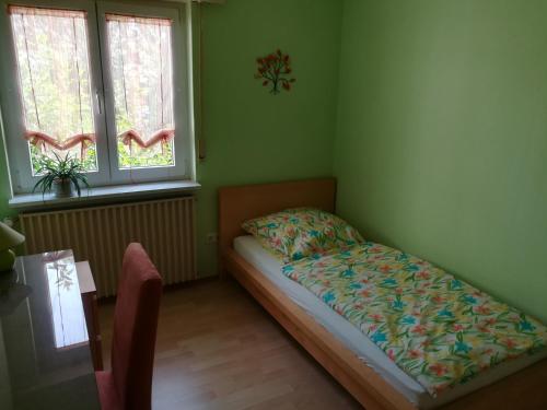 um pequeno quarto com uma cama e 2 janelas em Am Mühlbach em Sinsheim