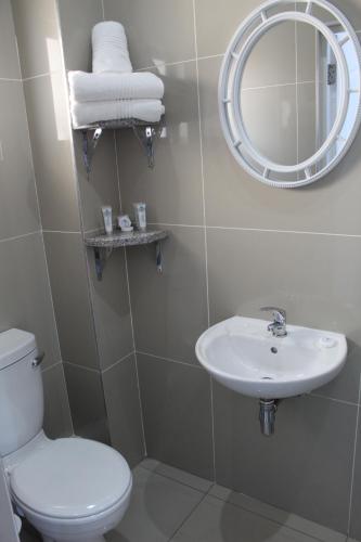 La salle de bains est pourvue de toilettes, d'un lavabo et d'un miroir. dans l'établissement Royal Ushaka Hotel Morningside, à Durban
