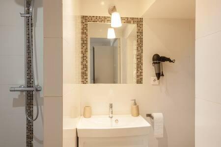 a bathroom with a sink and a shower and a mirror at le studio by sleepinfontainebleau in Fontainebleau