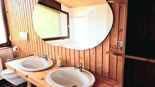 a bathroom with a sink and a mirror at Ferienhaus Waldblick in Sonnenbühl