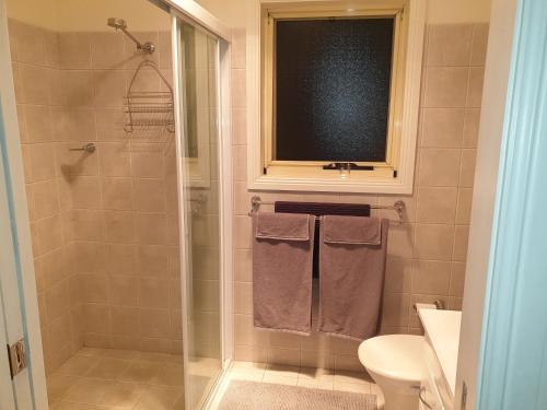baño con ducha y aseo y ventana en Lakeside Studio, en Jindabyne