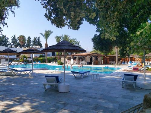 una piscina con sillas y sombrillas junto a un complejo en Hotel complex house near the beach, en Pafos