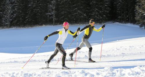 two people cross country skiing in the snow at Naturhotel Lärchenhof in Ramsau am Dachstein