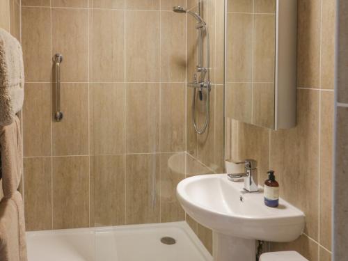 a bathroom with a shower and a toilet and a sink at Oakridge Cottage in Whitby