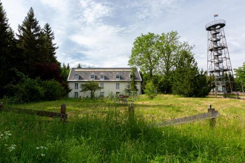 an old house in a field with a windmill at Berghotel Drei Brüder Höhe in Marienberg