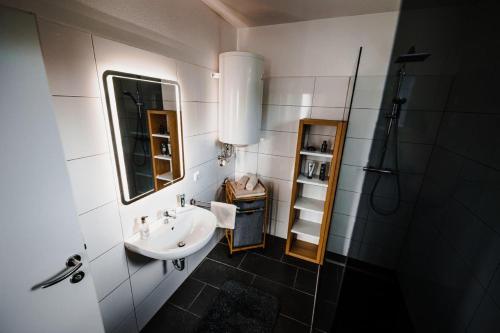 łazienka z umywalką i prysznicem w obiekcie Design-Appartement Steyr w mieście Steyr