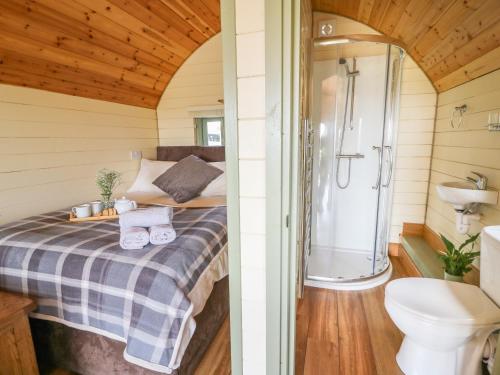 a bedroom and bathroom in a tiny house at Valley View in Rhayader