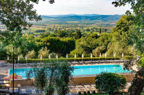 una grande piscina con sedie e alberi di Vallicella Glamping Resort a Scarlino