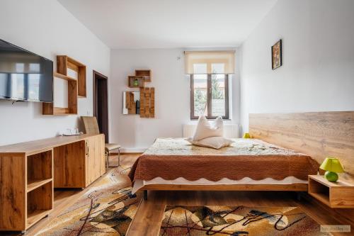 a bedroom with a bed and a tv in it at Hotel Carpati in Gura Humorului