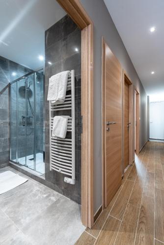 La salle de bains est pourvue d'une douche à l'italienne et d'une cabine de douche en verre. dans l'établissement Le Paradis d Elsa, à Beaune