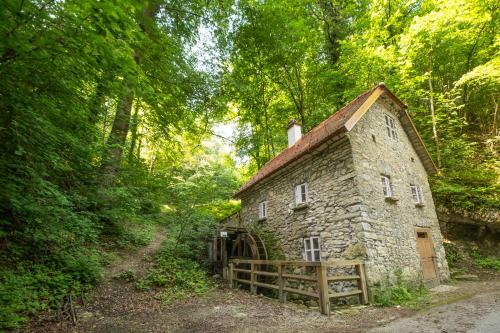 un antiguo edificio de piedra en medio de un bosque en Adventure Farm, en Štore