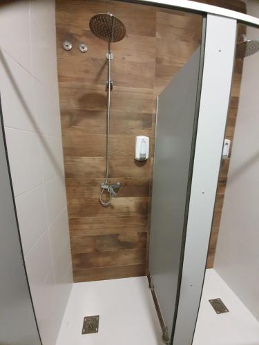 a shower in a bathroom with a wooden wall at Albergue Casa Cuartel in Fonsagrada