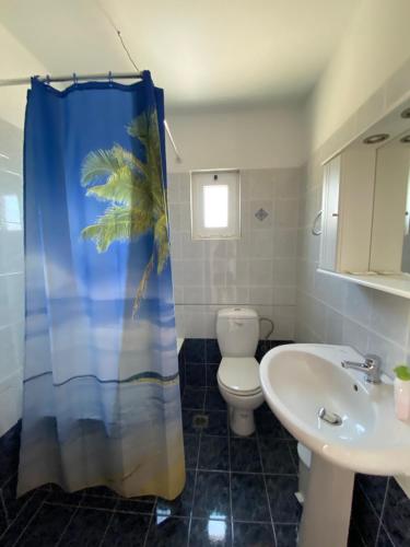 a bathroom with a shower curtain with a toilet and a sink at Eolia beachfront studios in Plakias