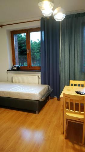 a bedroom with a bed and a table and a window at Apartament na Cisowej in Słupsk