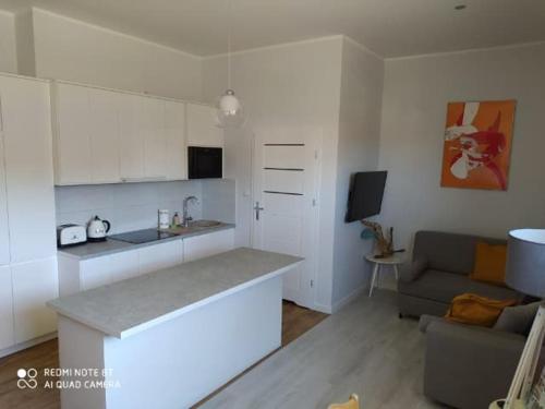a kitchen and a living room with a couch at Luksusowe apartamenty Przy Plaży-Continental in Krynica Morska