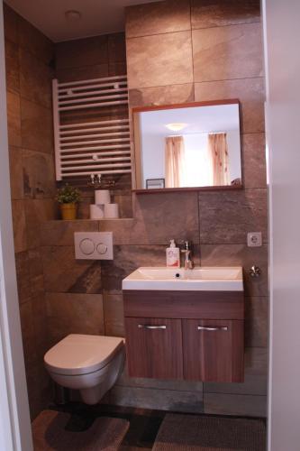 a bathroom with a toilet and a sink and a mirror at Floriande Stay in Hoofddorp
