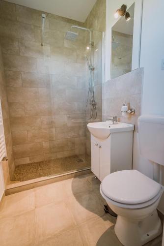 a bathroom with a shower and a toilet and a sink at Sunset Inn in Sîngeorgiu de Mureş
