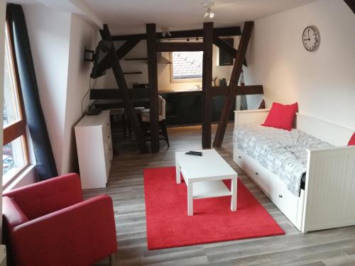 a bedroom with a bed and a red rug at Magnifique gîte plein centre de Sélestat in Sélestat