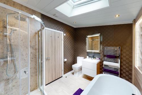 uma casa de banho com um chuveiro, um WC e um lavatório. em Tattershall VIP Lodge- Lakeside setting with hot tub and private fishing peg situated on Osprey lake tattershall park em Tattershall