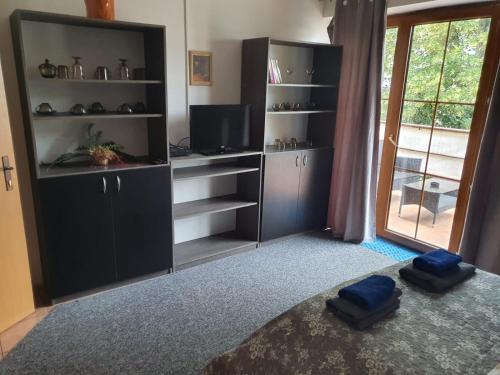 a living room with a tv and a entertainment center at Apartmán v centre mesta in Martin