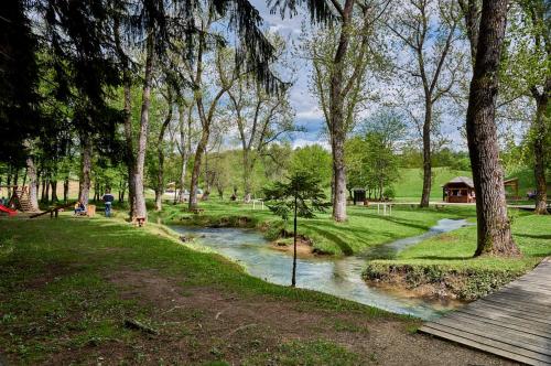 a stream in a park with a wooden path and trees at Studio apartments Kaya in Čatrnja