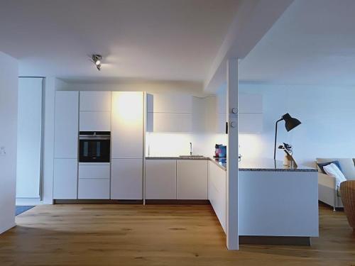 una cocina con armarios blancos y una mesa en una habitación en Lake View Apartments Beinwil am See (30 km to Lucerne), en Beinwil