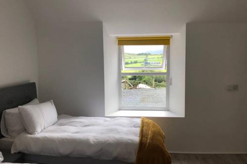 a bedroom with a bed and a window at Rooneys @ Ballymagreehan Explore and Unwind in Castlewellan