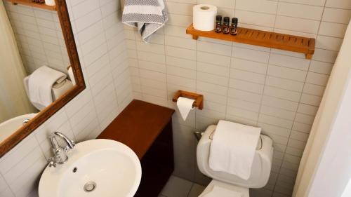 プラタニアスにあるProimos Maisonnettesの小さなバスルーム(トイレ、シンク付)