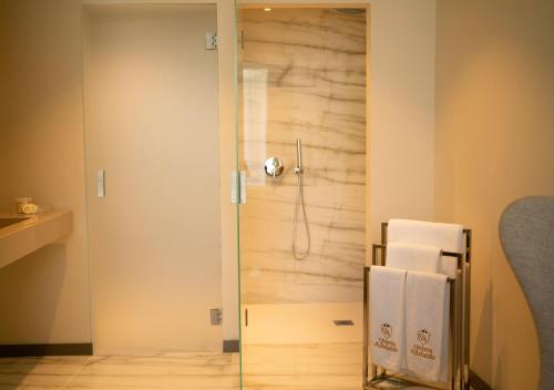 uma casa de banho com um chuveiro e uma porta de vidro em Olive Nature - Hotel & SPA da Quinta Dona Adelaide em Valpaços