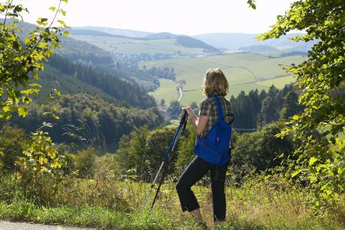 a woman with a backpack standing on top of a hill at Sonnenhof-Willingen in Willingen