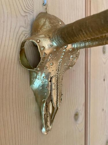 a bronze animal head hanging on a wall at Ferienwohnung Dolomiten in Nußdorf