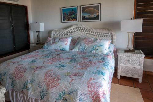 um quarto com uma cama com colcha floral e 2 candeeiros em VILLA DEL SOLE em Virgin Gorda