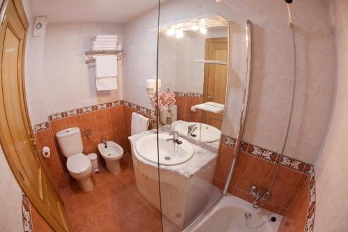 La salle de bains est pourvue d'une douche, d'un lavabo et de toilettes. dans l'établissement Laros Pios Alojamiento, à Villalba