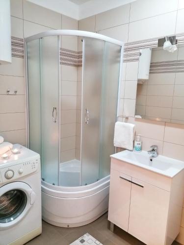 a bathroom with a shower and a washing machine at Apartments Valiža 2 in Senj