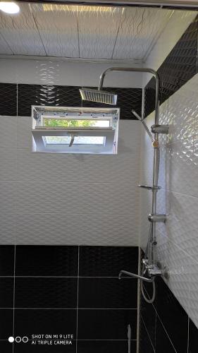 a shower in a bathroom with a window at Qabala Villa House Samir in Gabala