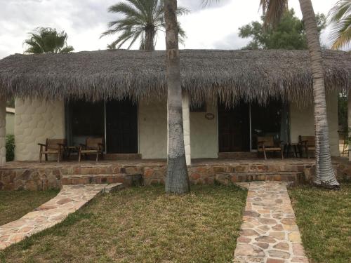 a house with a thatched roof and two palm trees at Hotel Rancho Buenavista in Los Barriles