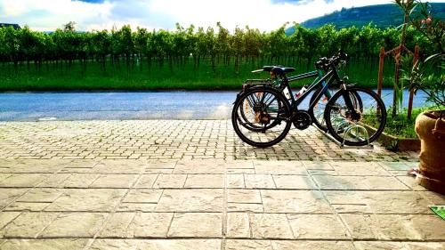 a bike is parked on a brick walk way at Landhaus Weinblick in Rohrendorf bei Krems