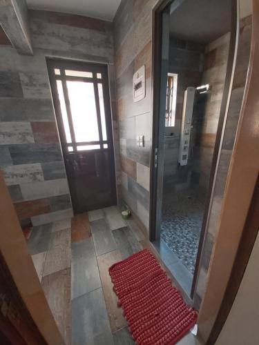 a bathroom with a shower with a door and a red rug at Letaba Cottages in Johannesburg