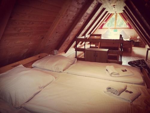a bedroom with two beds in a attic at Ferienhaus am Radwanderweg in Klausdorf Mecklenburg Vorpommern