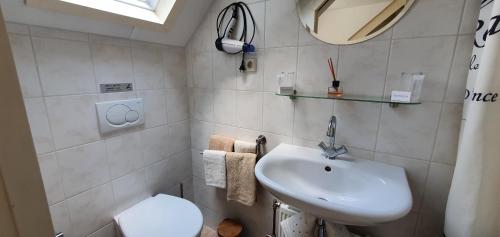 a bathroom with a sink and a toilet and a mirror at B&B Knooppunt70 in Arcen