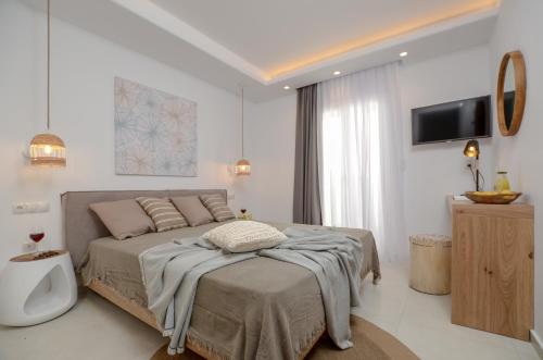 a bedroom with a bed with a tv on the wall at Sea & Olives Suites Hotel and Villas in Plaka