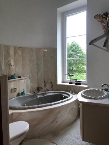un bagno con ampia vasca, servizi igienici e finestra di Château Les Tourelles a Bertrix