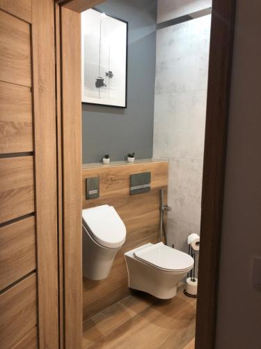 łazienka z toaletą i umywalką w obiekcie Apartament Złota Brama w mieście Ełk