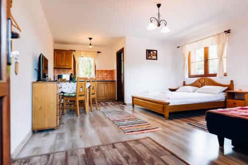 a living room with a bed and a kitchen at Biscontini's Studio in Praid