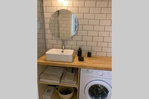 een badkamer met een wastafel, een spiegel en een wasmachine bij Vichy Cocoon Appartements in Vichy