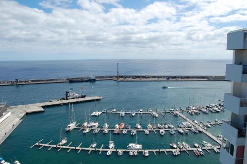a marina with boats in the water next to a building at Atlantic Home Azores in Ponta Delgada