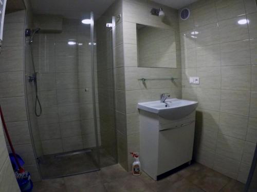 a bathroom with a shower and a sink and a shower at U Grażyny in Kołobrzeg