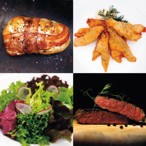 a group of four pictures of different types of food at Guggital Hotel Restaurant in Zug