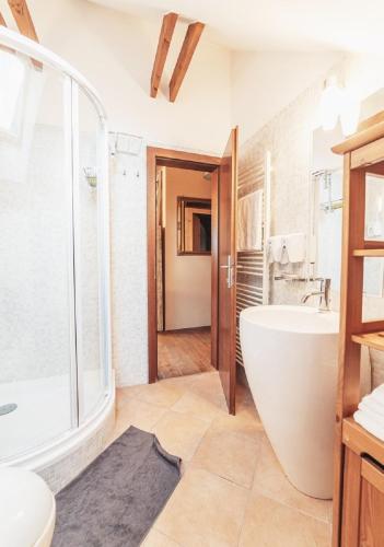 a bathroom with a tub and a shower and a sink at Apartmány Black Stork Golf in Veľká Lomnica